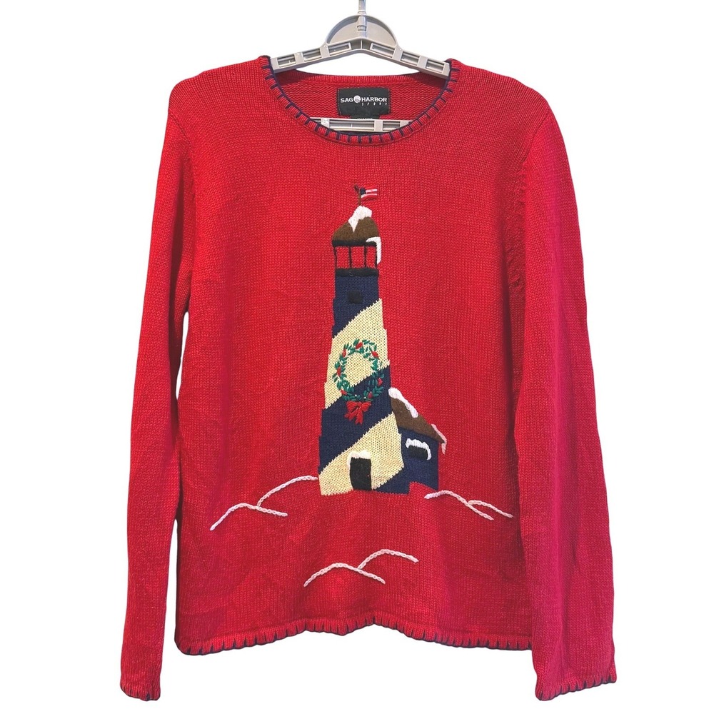 Sag Harbor Sport VTG Red Lighthouse Christmas Ugly Sweater Women‎ Medium